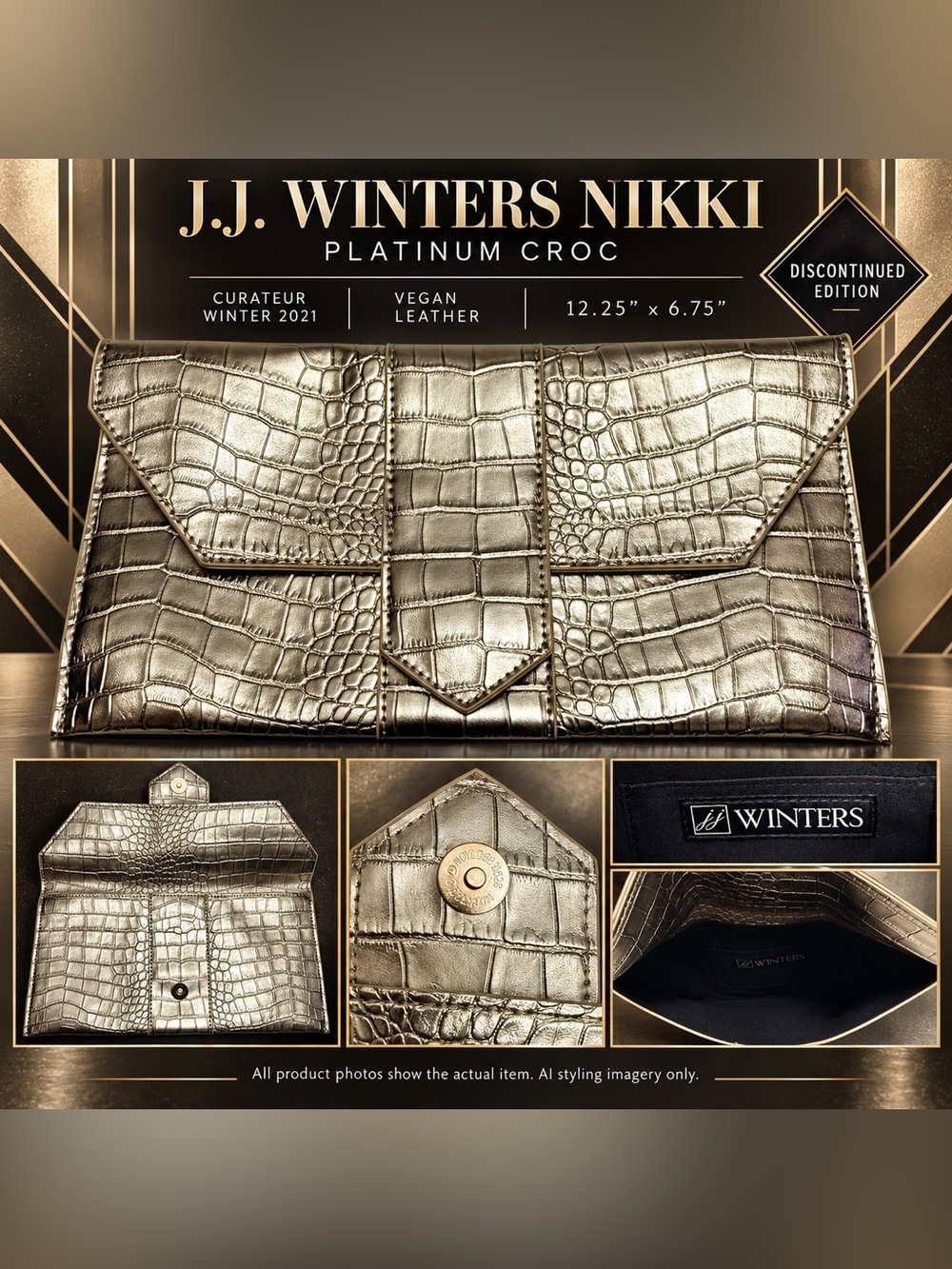 JJ Winters Nikki Platinum Croc Vegan Leather Envelope Clutch Curateur 2021 Gold